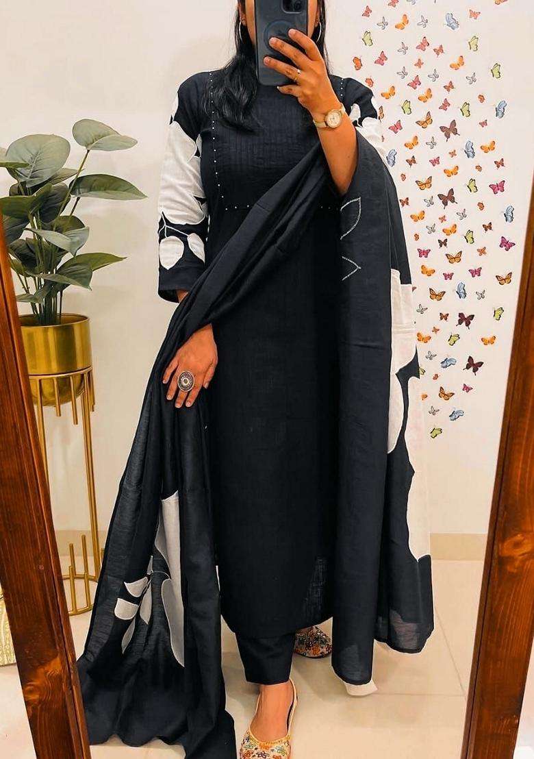 Black Embroidered Cotton Straight Kurta Set - Indya