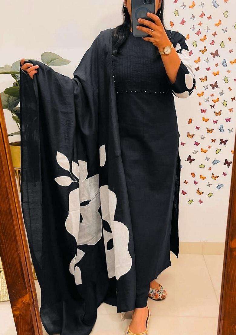 Black Embroidered Cotton Straight Kurta Set - Indya