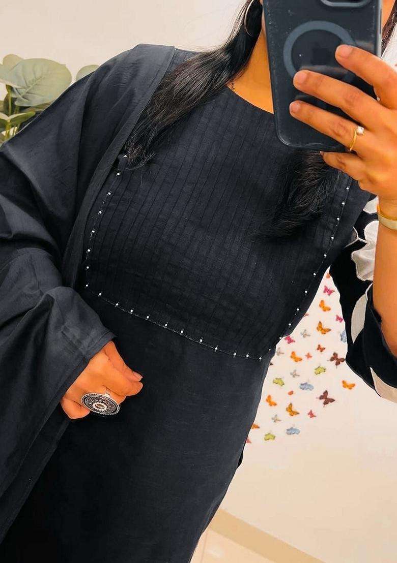 Black Embroidered Cotton Straight Kurta Set - Indya