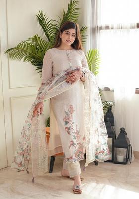 Beige Embroidered Silk Straight Kurta Set