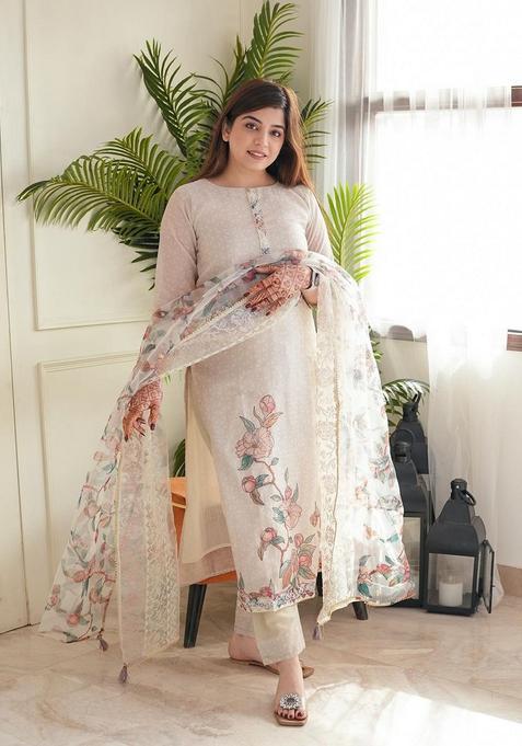 Beige Embroidered Silk Straight Kurta Set