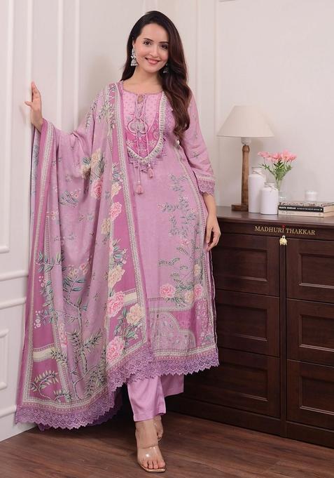 Pink Embroidered Muslin Straight Kurta Set