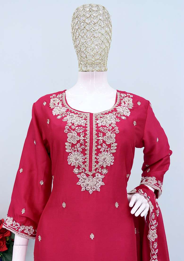 Red Embroidery Silk Blend Salwar Kameez - Indya