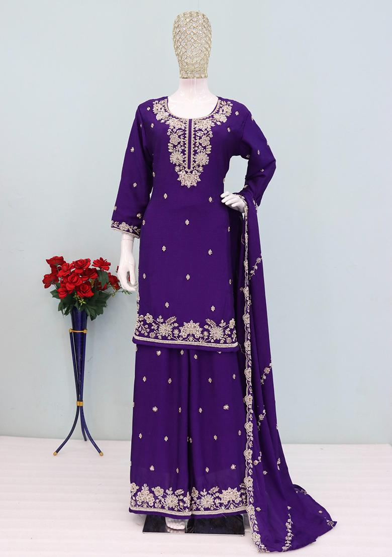 Violet Embroidery Silk Salwar Kameez - Indya