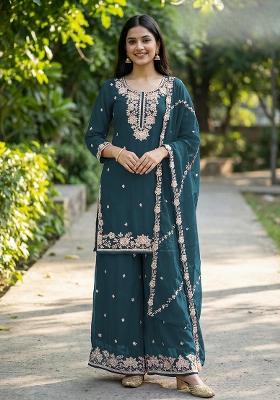 Teal Blue Embroidery Silk Salwar Kameez