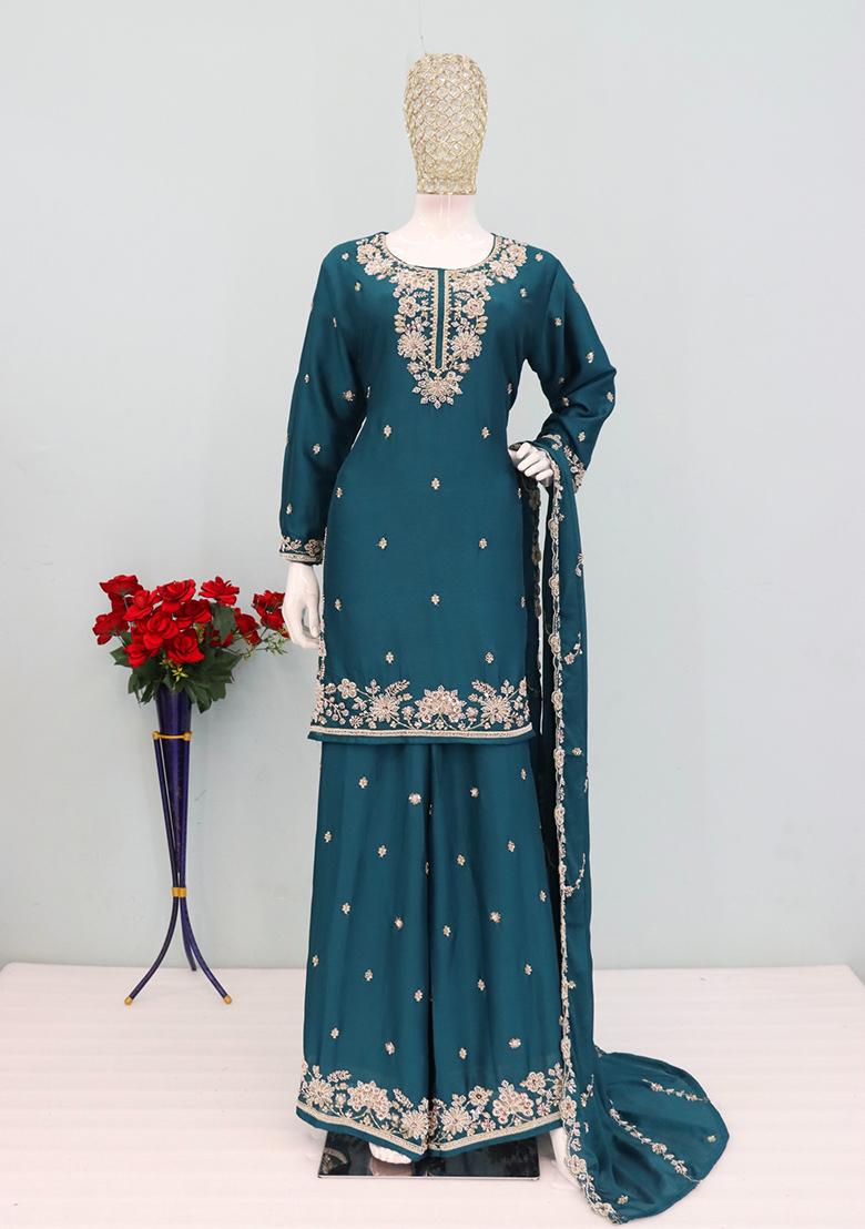 Teal Blue Embroidery Silk Salwar Kameez - Indya