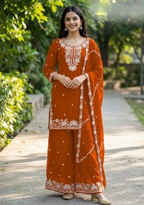 Orange Embroidery Silk Salwar Kameez