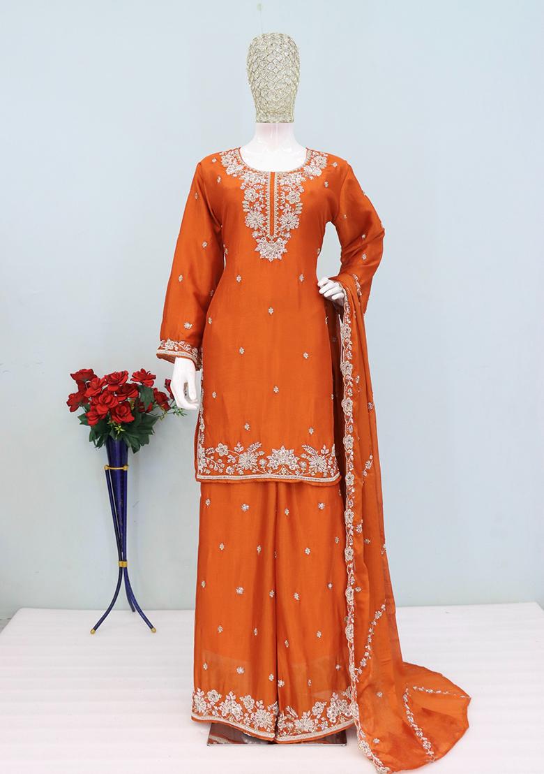 Orange Embroidery Silk Salwar Kameez - Indya