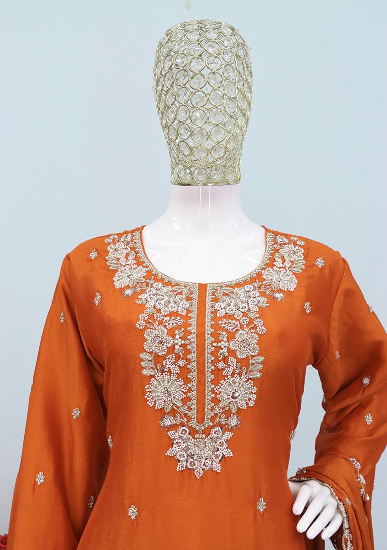 Orange Embroidery Silk Salwar Kameez - Indya