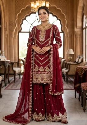 Maroon Embroidery Silk Salwar Kameez