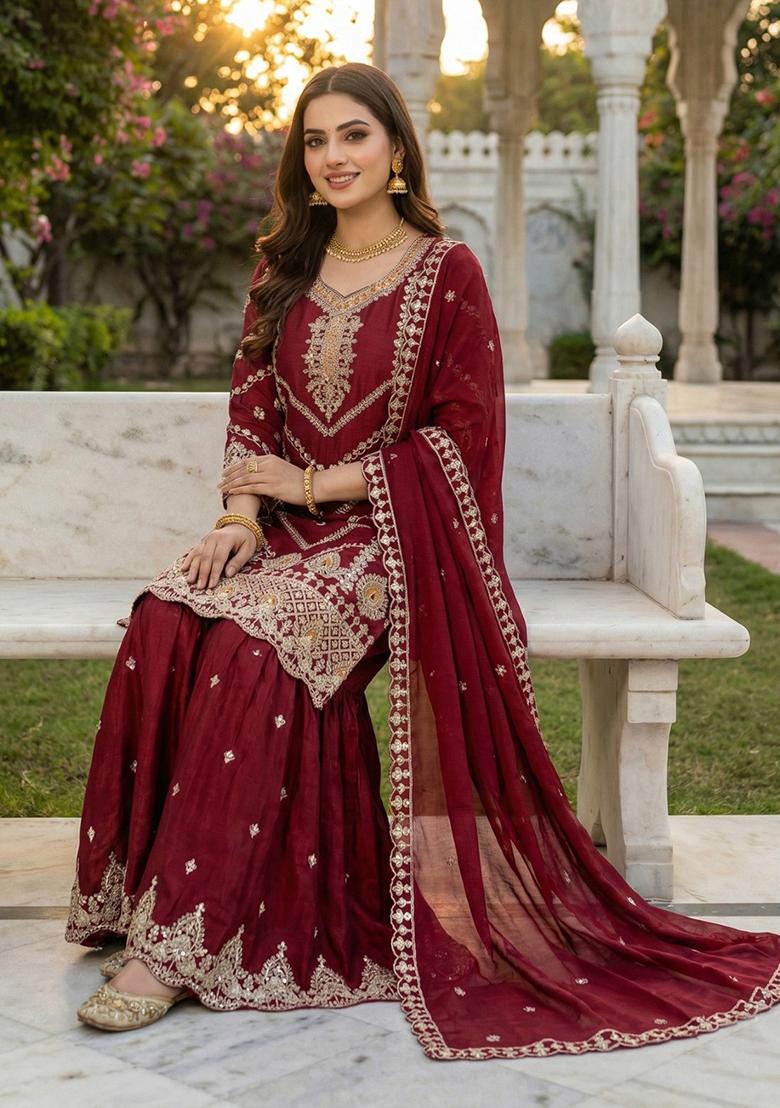 Maroon Embroidery Silk Salwar Kameez - Indya
