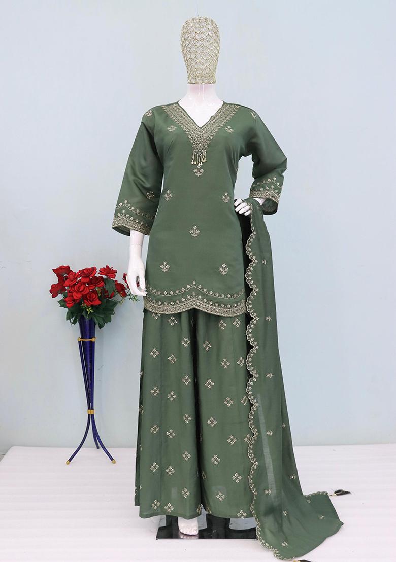 Green Embroidery Silk Salwar Kameez - Indya