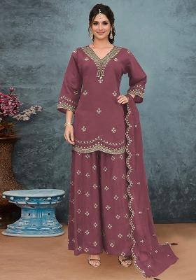 Purple Embroidery Silk Salwar Kameez