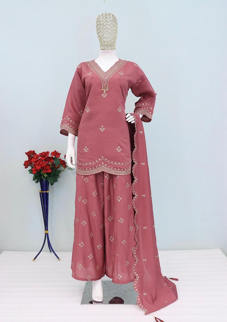 Purple Embroidery Silk Salwar Kameez - Indya