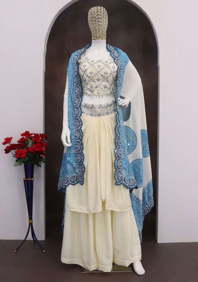 Blue Embroidery Silk Blend Salwar Kameez - Indya