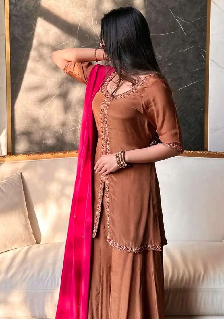 Brown Embroidery Silk Blend Salwar Kameez - Indya