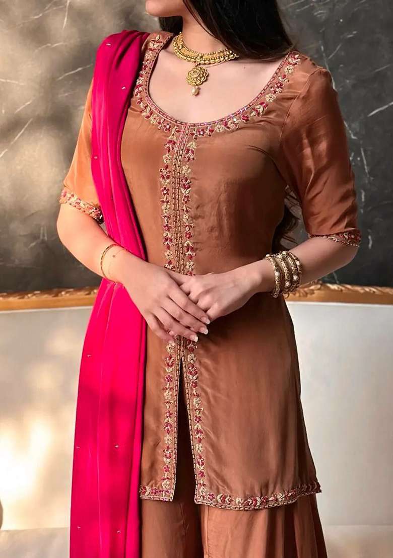 Brown Embroidery Silk Blend Salwar Kameez - Indya