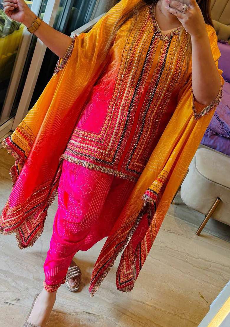 Yellow Embroidery Silk Blend Salwar Kameez - Indya