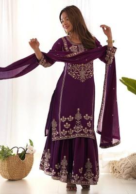 Purple Embroidery Silk Salwar Kameez