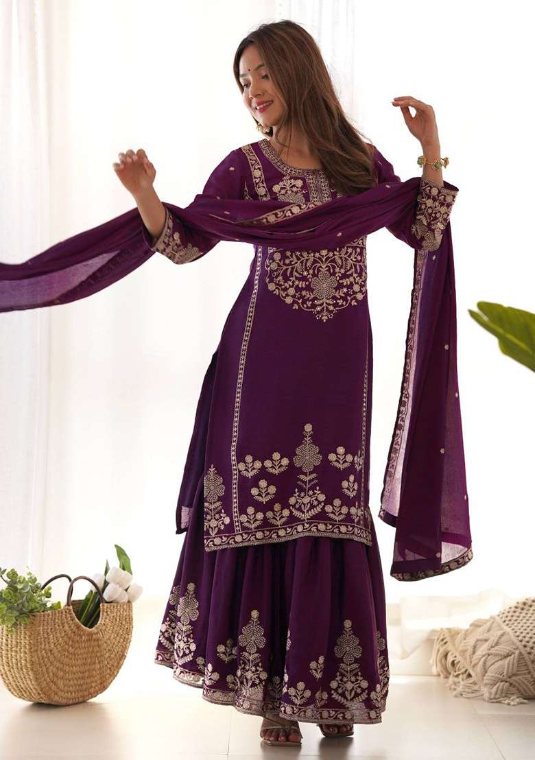 Purple Embroidery Silk Blend Salwar Kameez - Indya