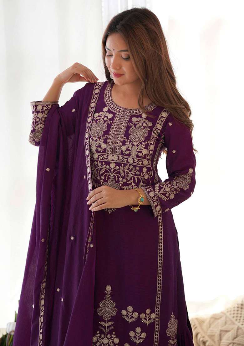 Purple Embroidery Silk Blend Salwar Kameez - Indya