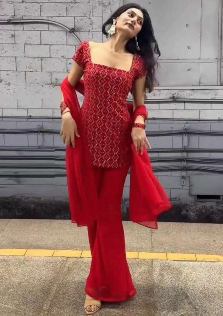Red Embroidery Georgette Salwar Kameez - Indya