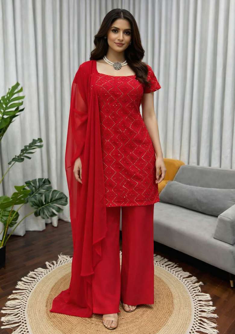 Red Embroidery Georgette Salwar Kameez - Indya