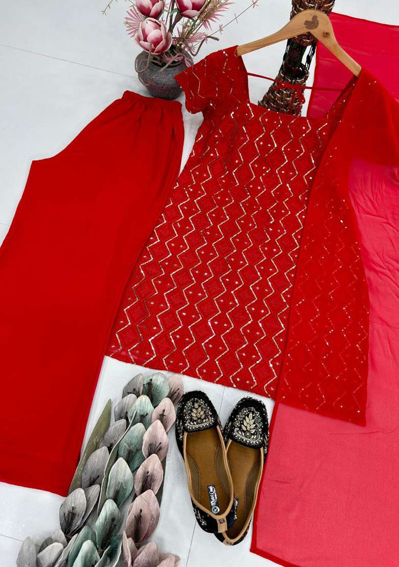 Red Embroidery Georgette Salwar Kameez - Indya