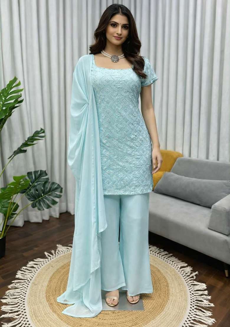 Blue Embroidery Georgette Salwar Kameez - Indya