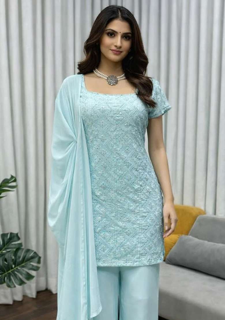 Blue Embroidery Georgette Salwar Kameez - Indya