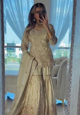 Beige Embroidery Silk Salwar Kameez