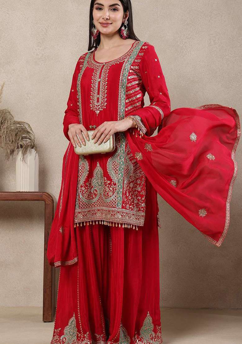 Red Embroidery Silk Blend Salwar Kameez - Indya