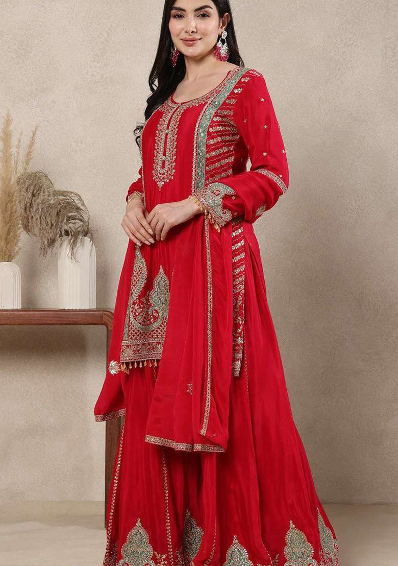 Red Embroidery Silk Blend Salwar Kameez - Indya