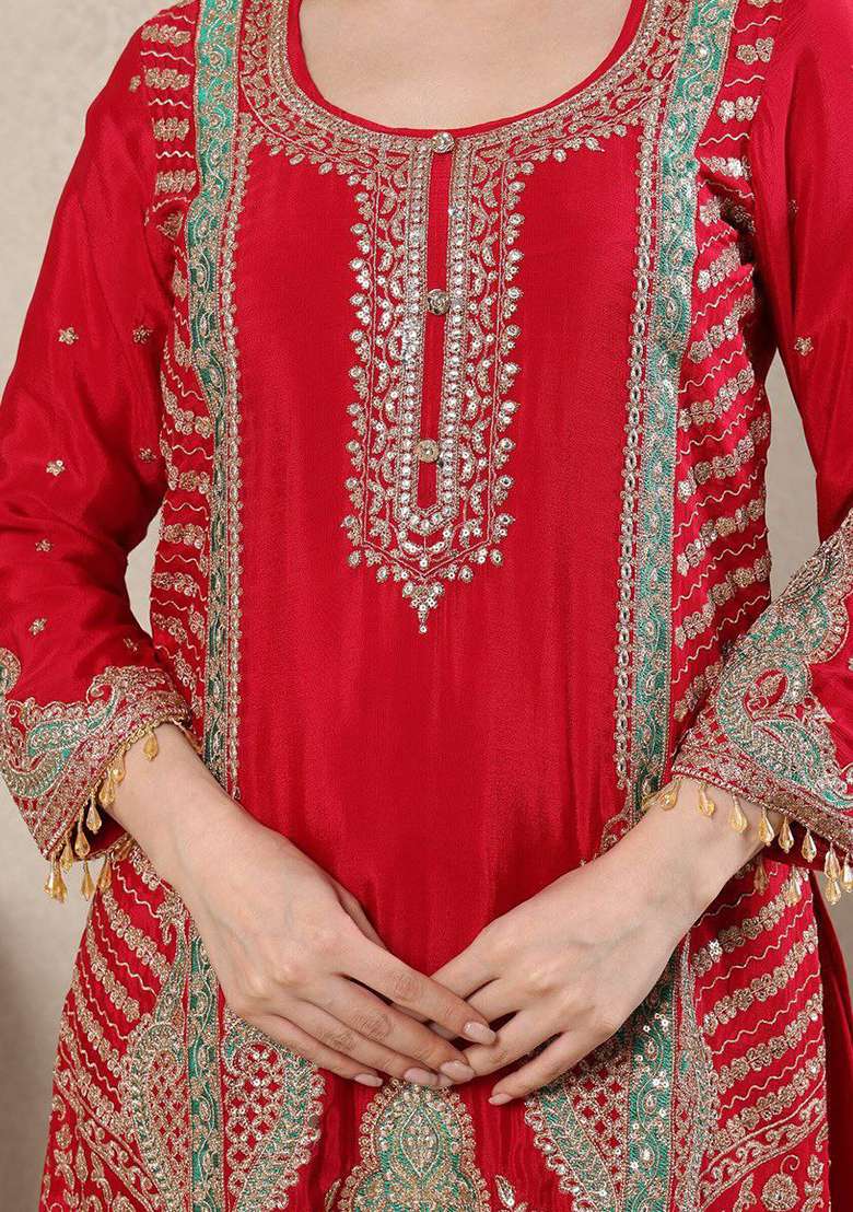 Red Embroidery Silk Blend Salwar Kameez - Indya