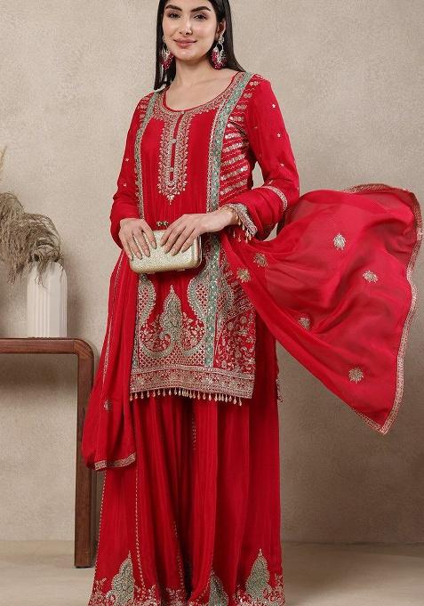 Red Embroidery Silk Blend Salwar Kameez