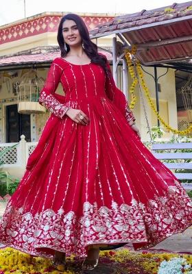 Red Embroidery Georgette Salwar Kameez