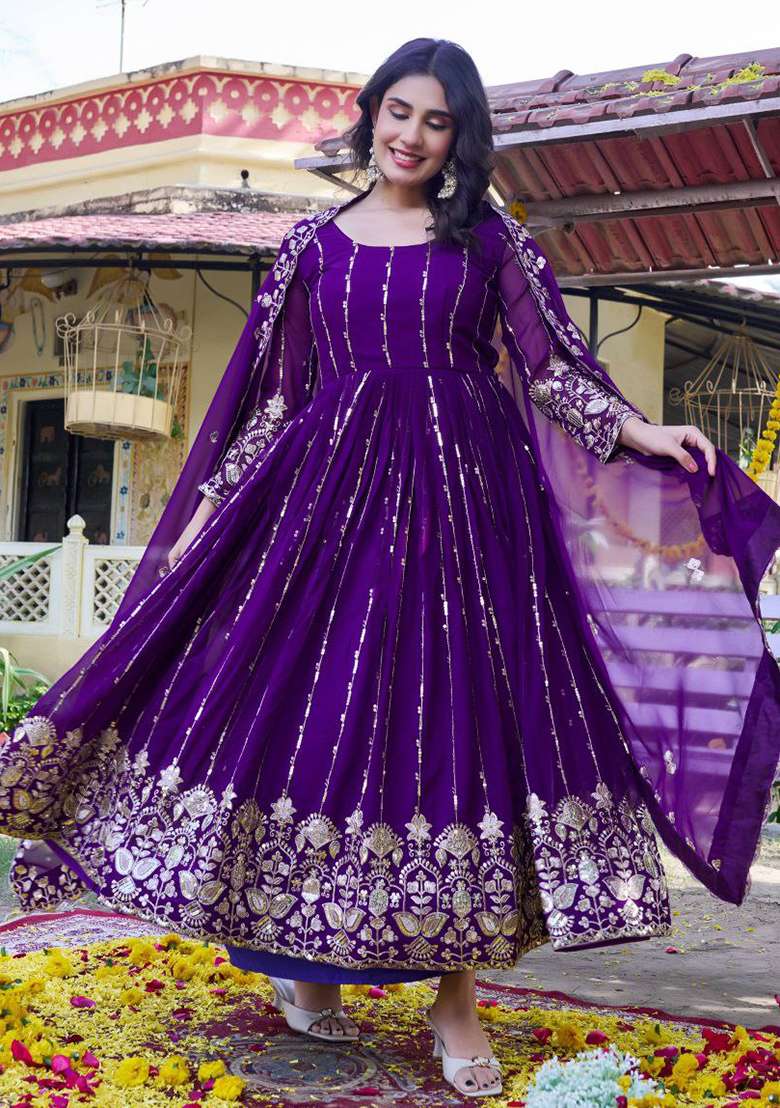 Purple Embroidery Georgette Salwar Kameez - Indya
