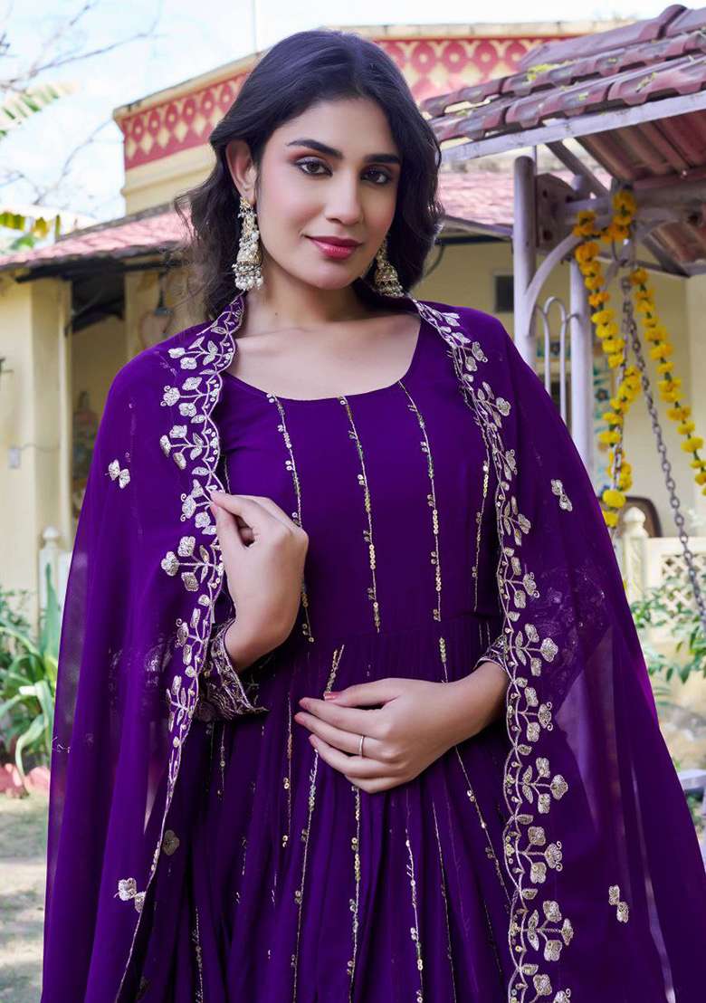 Purple Embroidery Georgette Salwar Kameez - Indya
