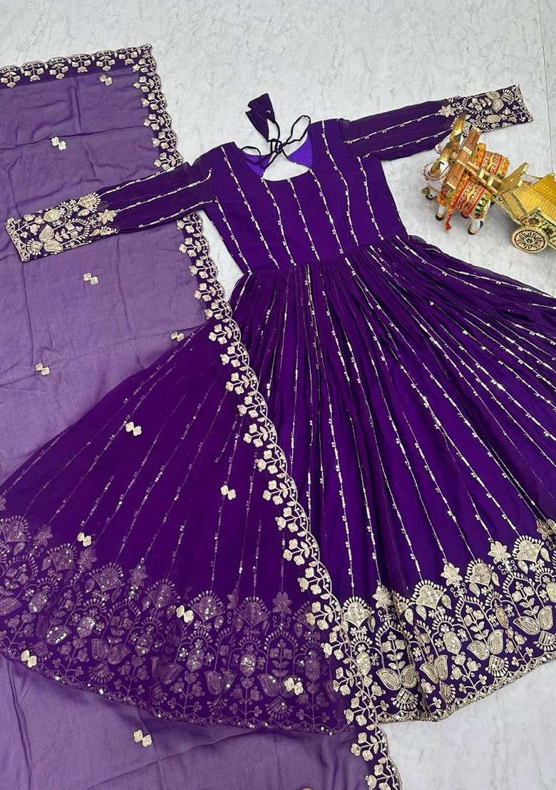 Purple Embroidery Georgette Salwar Kameez - Indya