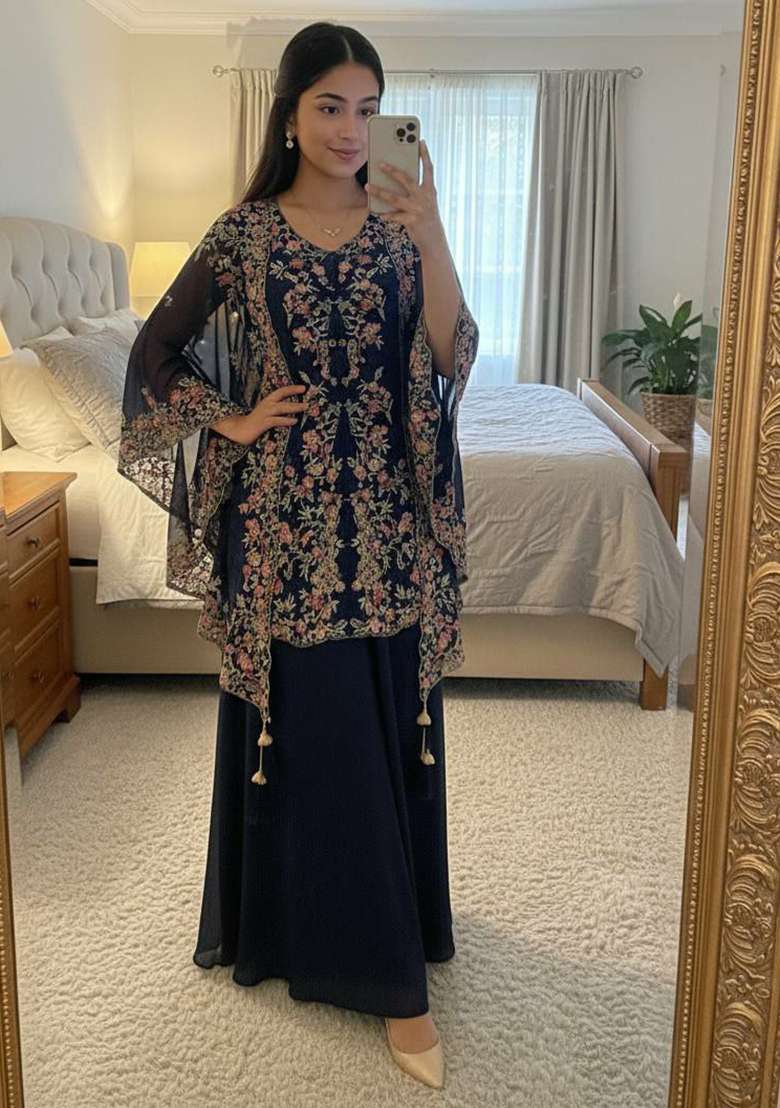 Black Embroidery Georgette Salwar Kameez - Indya