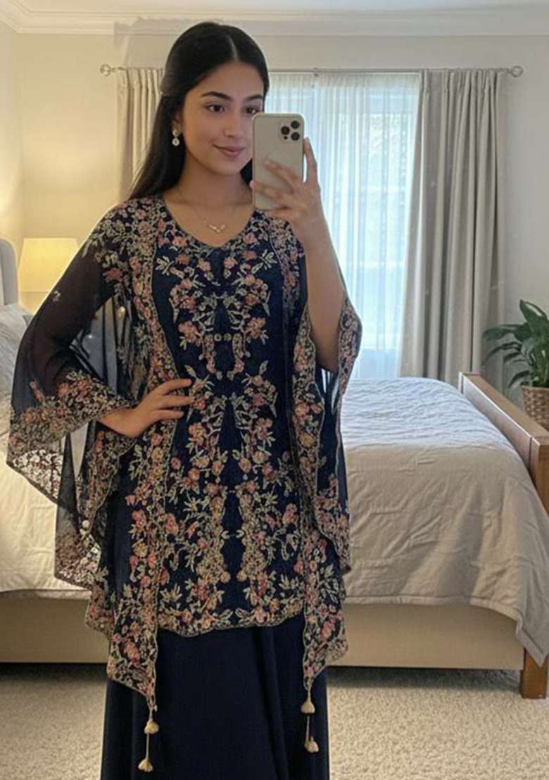 Black Embroidery Georgette Salwar Kameez - Indya
