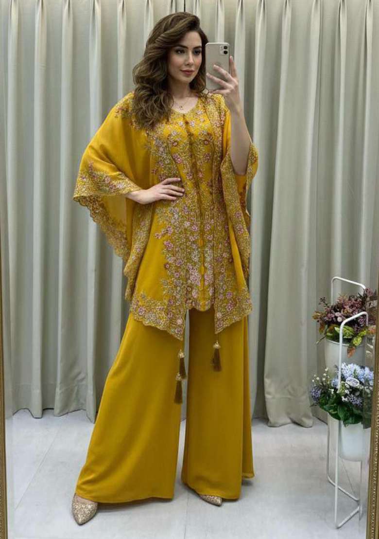 Yellow Embroidery Georgette Salwar Kameez - Indya