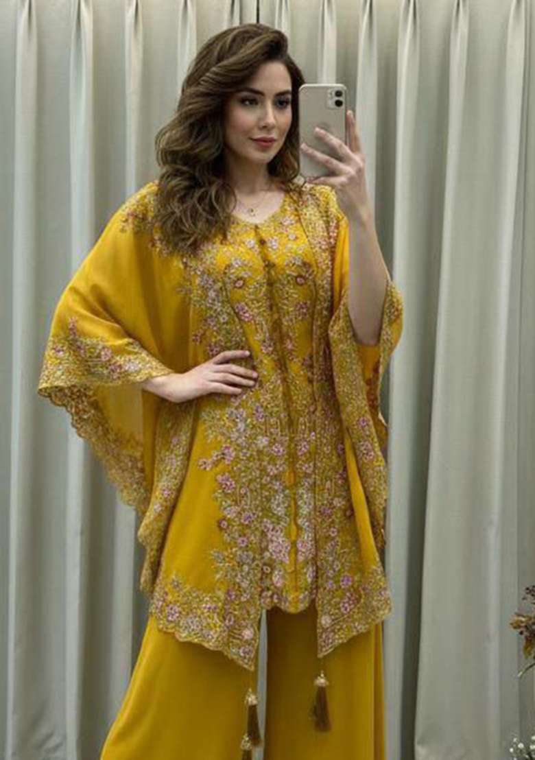 Yellow Embroidery Georgette Salwar Kameez - Indya