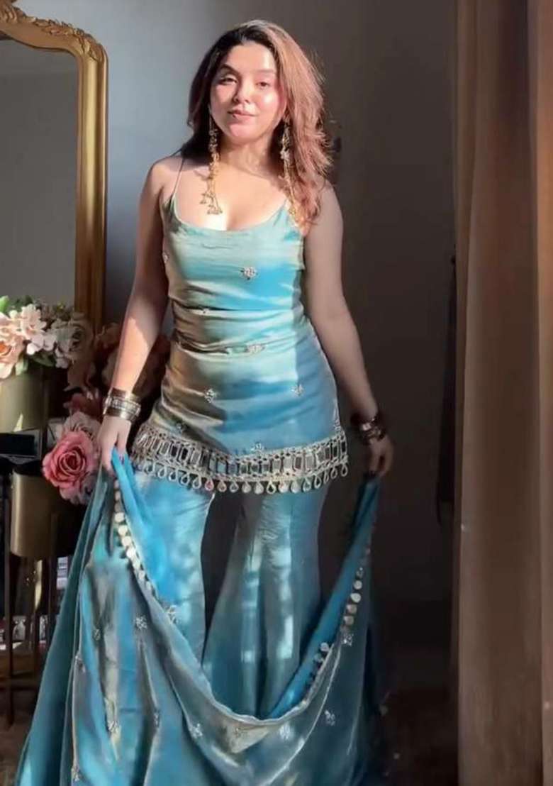 Blue Embroidery Silk Blend Salwar Kameez - Indya