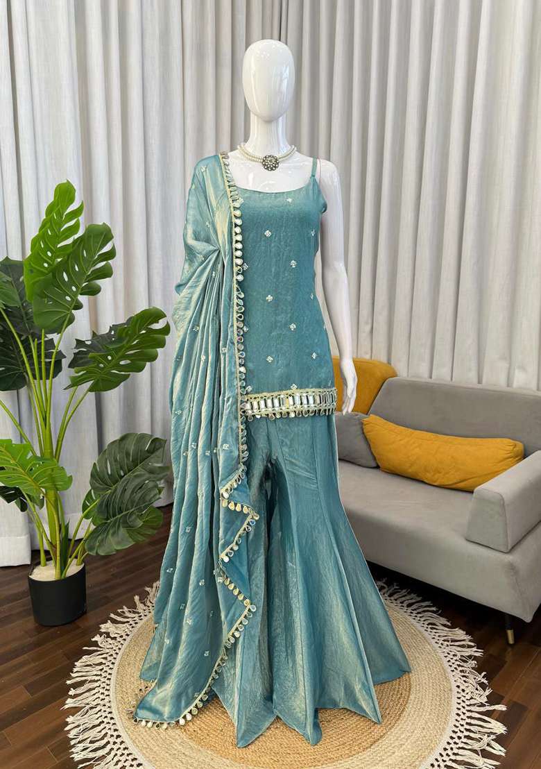 Blue Embroidery Silk Blend Salwar Kameez - Indya