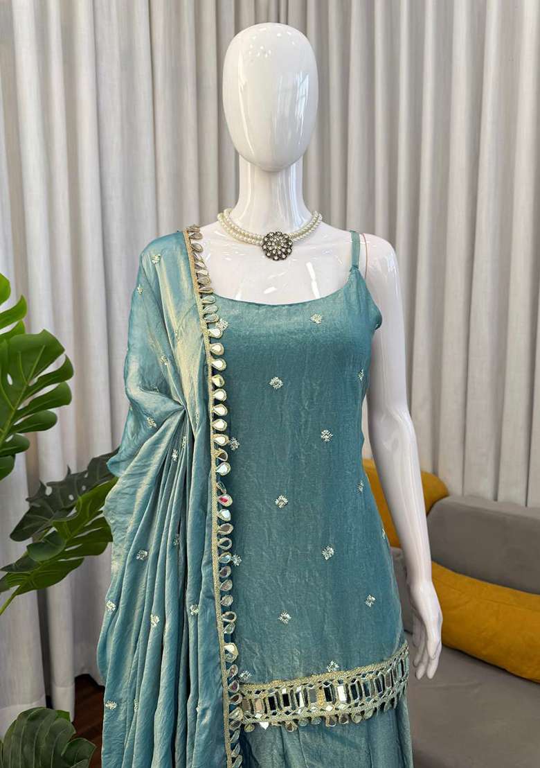 Blue Embroidery Silk Blend Salwar Kameez - Indya