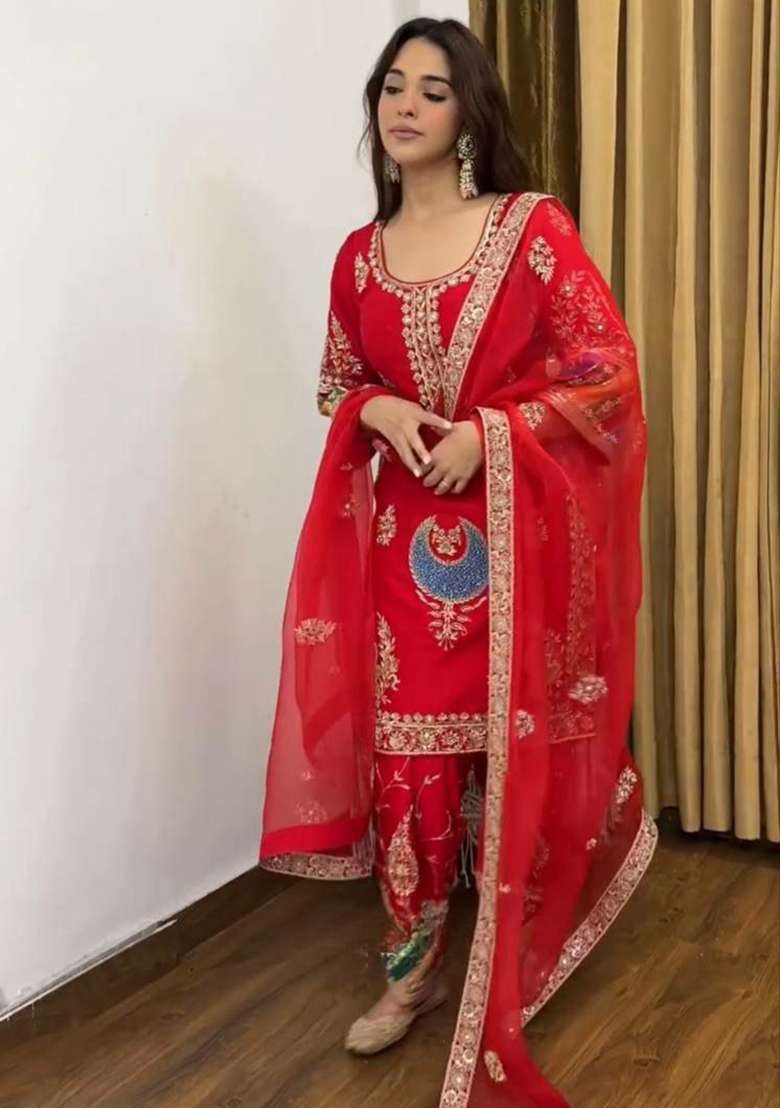 Red Embroidery Silk Blend Salwar Kameez - Indya
