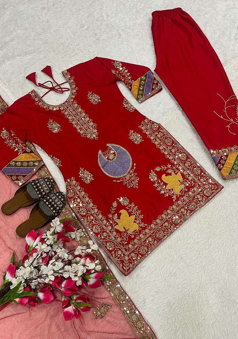 Red Embroidery Silk Blend Salwar Kameez - Indya