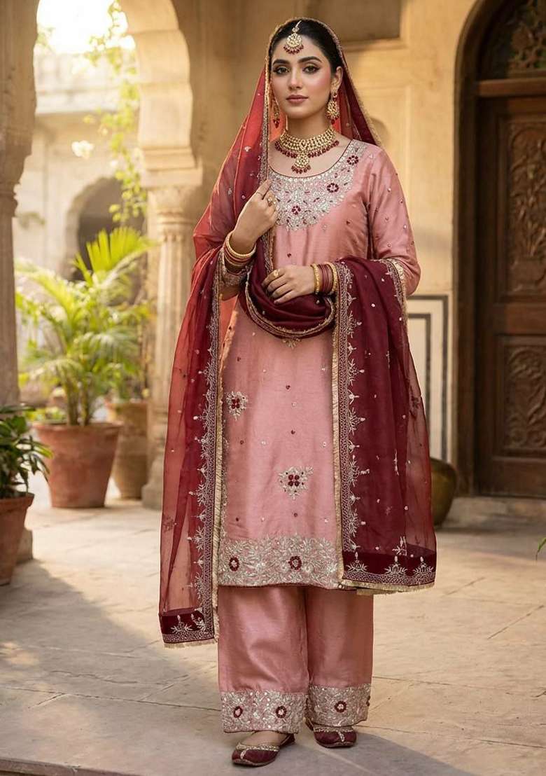 Pink Embroidery Silk Blend Salwar Kameez - Indya