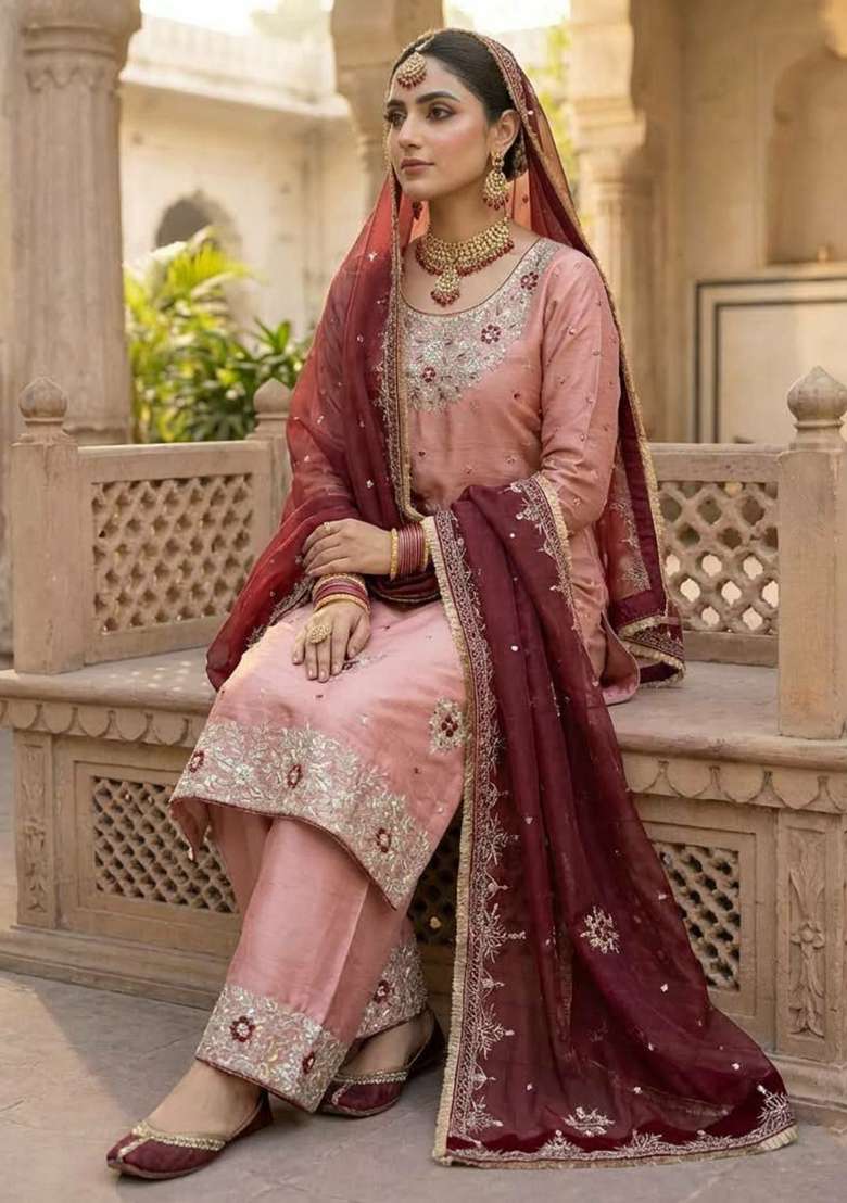 Pink Embroidery Silk Blend Salwar Kameez - Indya